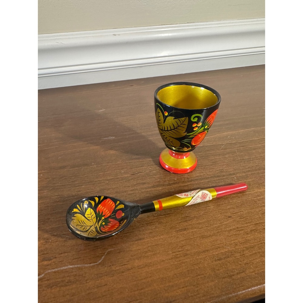Russian Khokhloma Hand Painted Wood Spoon and Cup Set Strawberry Folk Art 2pc